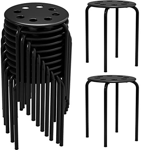 12 Stück schwarze Kunststoff-Stapelhocker, Stapelhocker, Klassenzimmer, stapelbarer Hocker, tragbar, stapelbar, mit Metallrahmen, rückenfrei, schwarzer Hocker mit runder Oberseite für Studenten,