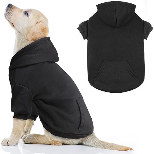 QDYU Hunde-Kapuzenpullover – weiches, massives gebürstetes Fleece mit Tasche (Schwarz, Größe L)