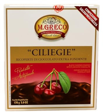 Italian Gourmet M.Greco Italian Gourmet Ciliegie al Cioccolato Fondente | Frutta candita ricoperta, extra zartbittere Hülle, raffinierte Süßigkeit per, Gesamtnettogewicht 170 g + Kostenlos Polpa 400g