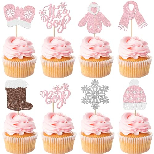 Xsstarmi 24 Pack It's a Girl Snowflake Cupcake Toppers Glitter Baby Scarf Gloves Hats Shoes Winter Frozen Cupcake Picks Decoration for Gender Reveal Theme Baby Shower Birthday Party Cake Decor Pink
