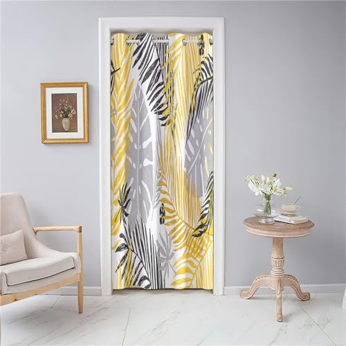 Odot Rideau de Porte Interieur à Oeillets Rideau Occultant Imprimé Feuilles de Palmier Modernes Séparateur de Pièce pour Entrée, Salon et Chambre - 1 Panneau (180x200cm, Jaune)