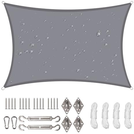 NAKIHOUSE Sonnensegel Wasserdicht mit Befestigungs Kit, 4 x 6 m UV Schutz Sonnenschutz Segel für Garten, Balkon & Terrasse (Hellgrau)