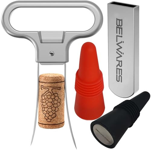 Ah So Weinöffner - Zwei Zinken Korken Abzieher mit 2 Weinstopfen für Weinflaschen - Edelstahl Weinflaschenöffner - Ideal zum sicheren Entfernen zerbrechlicher, alter Korken intakt - Geschenke für