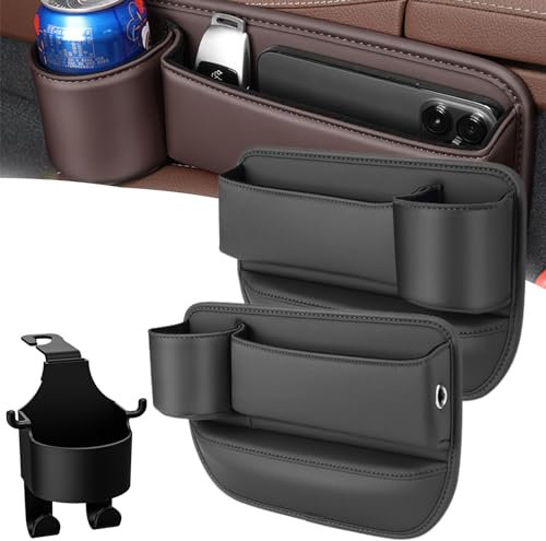 Naneug Car Leather Cup Holder Gap Bag, Car Leather Cup Holder Gap Bag, Car Seat Storage Box with Cup Holder, Azemov Car Seat Storage (Black, Mix)