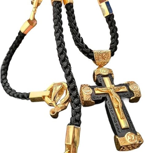 MOCIUN 5Pcs Elegant Handcrafted Rosary with Ornate Golden Crosses, Mens Gold Cross Necklace, Handmade Leather Braided Rope Jesus Christ Gold Cross Pendant Necklace, Symbol of Faith and Protection