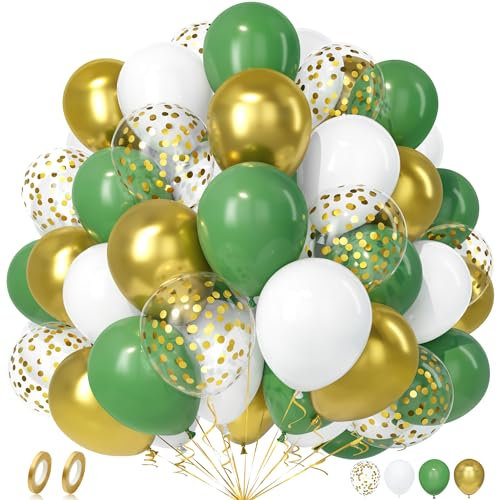 Unisun Luftballons Grün Weiß, 50 Stück Latex Ballons Retro Grün Gold Konfetti Luftballon Mädchen Frauen Geburtstag Jubiläum Hochzeit Verlobung Taufe Baby Shower Dschungel Safari Bachelor Party Deko