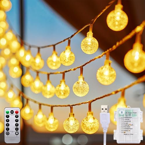 taiyongkang Luci a Batteria da Esterno 12M + 1M 100LED, Luci da Esterno Giardino Batteria con USB, Lucine da Esterno Giardino Senza Corrente, Decorative da Esterno per Interno ed Esterno