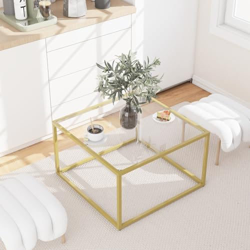 YMYNY Glass Coffee Table, Tempered Glass Square Coffee Tables With Metal Frame, Unique Modern Table for Living Room Home Office 68 x 68 x 40CM, Transparent, HCT001G