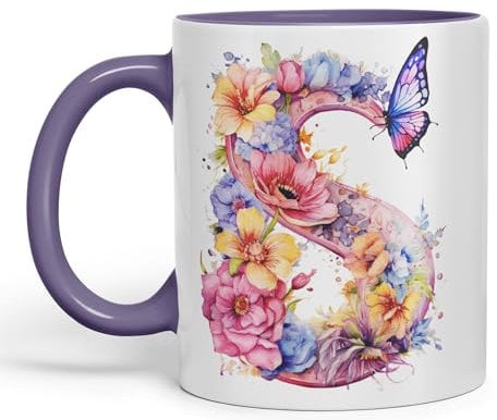Vixar Letter S Mug, Floral Flowers Butterfly Alphabet Letter S Monogram Watercolour Ceramic Coloured Mug Cup for Tea Coffee Hot Brew 330ml 11Oz Gift (Purple)