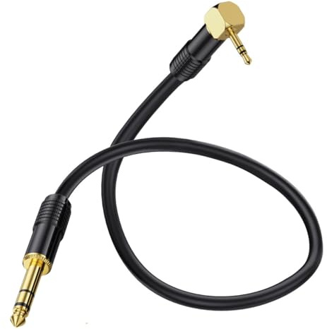 HTGuoji 90 gradi 3,5 mm a 6,35 mm, cavo audio, oro 6,35 mm, spina jack da 1/4, spina TRS stereo da 3,5 mm, spina TRS, cavo audio adattatore per laptop, dispositivi home theater, cellulare (50 cm)