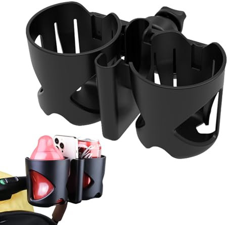 Liemuao Portavasos Portabotellas Sujeta Vasos Universal para Cochecito con Soporte de Teléfono, Doble Botella, 360 Grados, Giratorio, Accesorios de Cochecito para Bicicleta, Silla de Ruedas, Andador