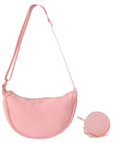 LOCCY Damen Halbmond Crossbody Schultertasche, Hobo Halfmoon Bag Einfarbige Nylon Crossbody Bag Damen Halbmond Schultertasche mit verstellbarer Schultergurt für Frauen Mädchen (Rosa A)