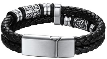 Richsteel Doppelreihiges Leder Armband für Herren mit Magnetverschluss aus Edelstahl Armspange Armband Keltische Elemente 19cm Silber