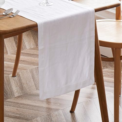 Bonlino 100% Leinen TischläUfer Tisch Tischdeko - Leinen TischläUfer Stoff Abwaschbar Tischband Hochzeit Deko Herbst Boho Vintage Modern Weiss Table Runner Fuer Party Dekoration Maedchen (35 x 270cm)