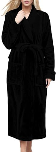 Vestaglia in pile da donna, vestaglia lunga da donna, vestaglia invernale con tasche e cintura, vestaglia calda, comoda e accogliente, tinta unita, abbigliamento da notte, Nero , M