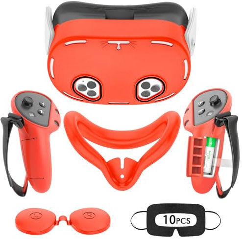 Tyasoleil VR Silicone Case Compatible with Meta/Oculus Quest 3S, VR Accessory Set, Include Controller Grip Leather Cover, VR Shell Cover, Face Cover, Lens Cover & 10PCS Disposable Eye Cover