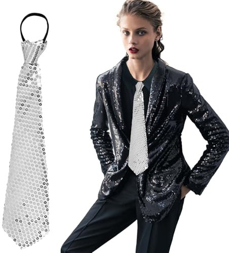 YUEXNKO Party Silber Schlips Damen und Herren - Pailletten Partykrawatte mit Gummizug