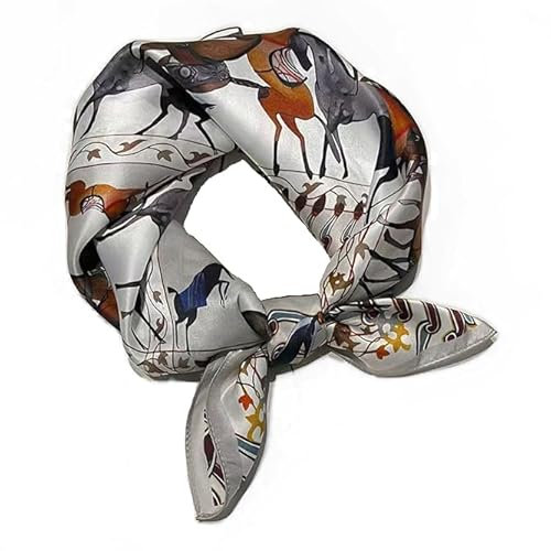 GIMIRO Schal aus imitierter Seide [53 x 53cm] Seidenschal für Damen Geometrisches Blumenmuster Weiß-Blau-Orange Quadratisch (Silver Horses)