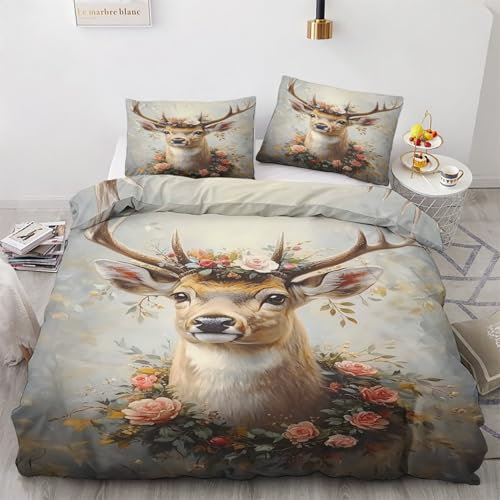 Hirsch Deko - Hirsch Bettwäsche 135x200 Winter, Hirschmotiv Bettbezug 135 x 200 2er Set mit 1 Kissenbezug 80x80, Weiche Mikrofaser Winterbettwäsche mit Reißverschluss L*&2