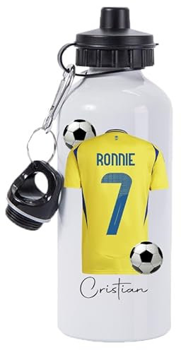 Pickhut Personalised Football 600ml White Aluminium Sports Water Bottle Back to School Gift for Kids, Customised with Name/Number/Text with Football Shirt yellow and blue Jersey Kit (D26)