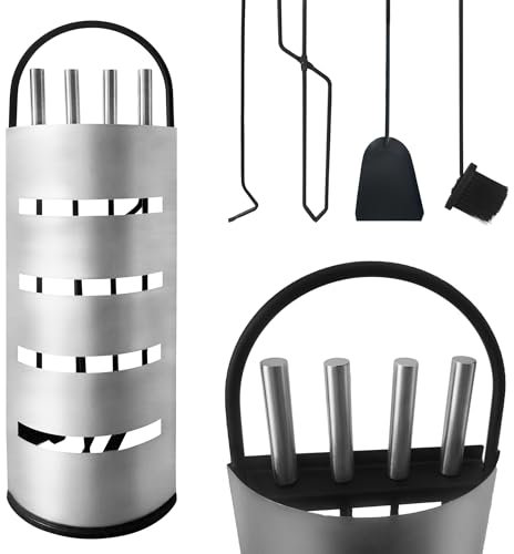 PEILU Edelstahl Kaminbesteck 5-Teilig Modern Ofenbesteck Set mit Metallgriff Kaminofen Besteck inkl. Schürhaken, Ascheschaufel, Kaminbesen, Zange & Ständer Kamingarnitur für Ofen Kamine (Silber)