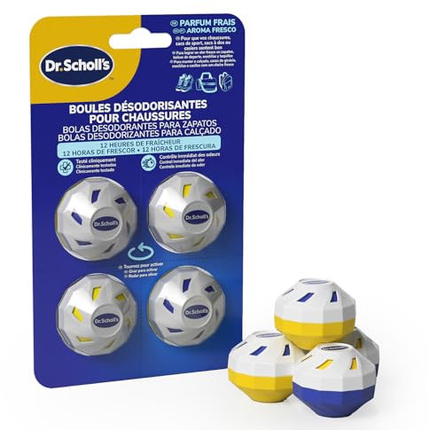 Dr. Scholl's Bolas desodorantes x4 Mantienen tus zapatos, bolsos de deporte y mochilas con un olor fresco, Clínicamente probado, frescura todo el día, Reutilizable y de larga duración