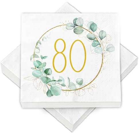 40 Stück Servietten 80 Geburtstag als Tischdeko, Geburtstagsservietten Eukalyptus Gold Grün Tisch Deko 80 Geburtstag Frau Mann, Geschenke zum 80 Jahre, Tischdekoration Papierservietten