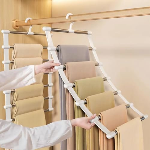 GOWODOOO Perchas para pantalones ahorran espacio, 2 perchas de 6 pisos de acero inoxidable, ahorran espacio, 80 % plegable, antideslizante, para apartamento, dormitorio, colgar pantalones, vaqueros