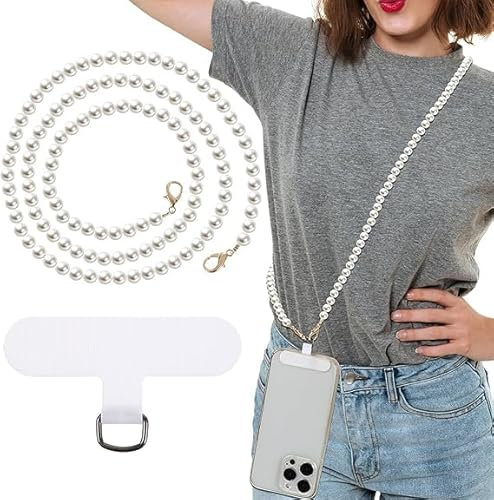 HORREX 120cm Telefon Kette Crossbody Handykette Perlen Universal Umhängeband inkl Perlen-Besetzte Handykette Crossbody-Strap für Frauen Patch für jede Handy-Hülle | Lanyard Handyband zum Umhängen
