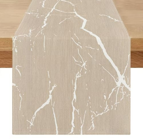 Tischläufer Modern 40x100 Beige Creme Gold Marmor Läufer Tisch Leinen Goldene Textur Rustikale Retro Tischläufer Saisonnal Küche Tisch Dekoration für Esszimmer Drinnen Urlaub Party Dekor
