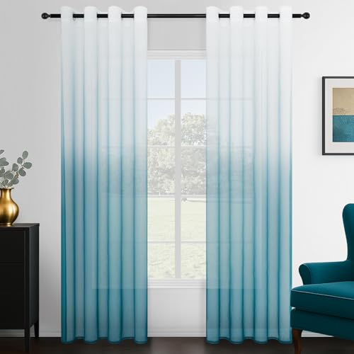 Topfinel Gardinen Transparent Vorhänge mit Ösen für Wohnzimmer Modern Kinderzimmer Schlafzimmer Gardine Sheer Voile Vorhang Zweifarbiger Weiße und Türkis 140x260 cm (B x H) 2er Set