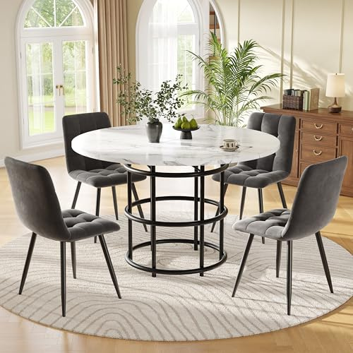 DRIXNO Esstisch-Set (5-teilig), Set mit 4 Stühlen, Küchentisch-Set, Runder mit 100 cm Durchmesser, Weiße MDF-Tischplatte,Grauer Samt-Esszimmerstuhl