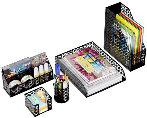 Solinxe Schreibtisch Organizer Set aus Metall - Dokumentenablage A4 Papier Briefablage Stiftehalter Briefhalter und Haftnotiz Halter, Schwarz