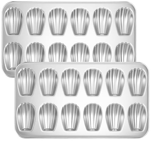 Shinsin Madeleine Pans Set of 2, Nonstick 12-Cavity Madeleines Mold Cookie Tray for Baking, Heavy Duty Warp Resistant Cute Shell Shape Madeleine Mold Cake Pan - Silver