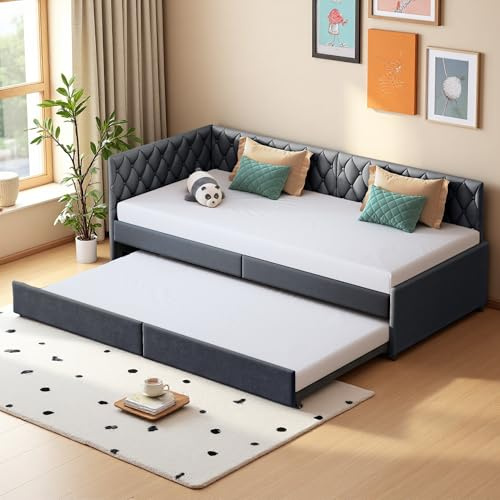 PerGar Schlafcouch Ausziehbar 90 x 200 cm mit Rollen, Einzelbett Kinderbett Schlafsofa mit Schlaffunktion, Ausziehbett Schlafsofa Jugendliche Gästebett mit Lattenrost, Samt, Grau