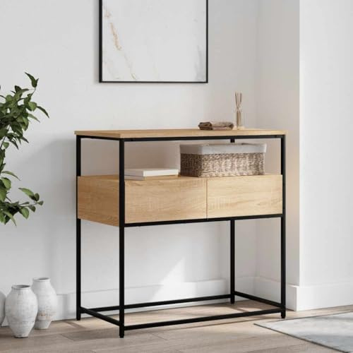 FENLAX Konsolentisch mit Schublade 75x40x75 cm Beistelltisch Telefontisch Holz Couchtisch Flurtisch Sideboard Ablagen Holzwerkstoff&Metall Sonoma-Eiche