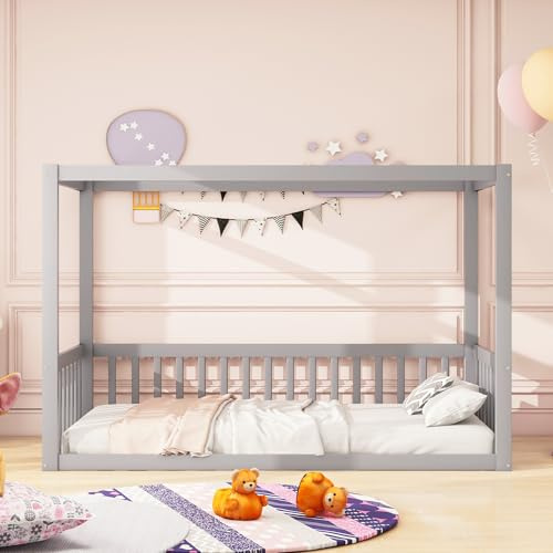 Mielvu Kinder-Standbett 90 x 200 cm, Himmelbett Massivholz Bettgestell für Kinder Jugendliche (Grau)