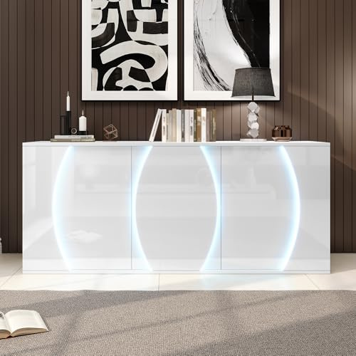 ECLIVON Sideboard für Wohnzimmer Schlafzimmer, Schubladenschrank mit LED-Türen und Regal, Komodenschrank mit viel Stauraum, Aufbewahrungsschrank mit Regal für Flur Esszimmer, 150x70x40 cm (Weiß)