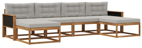 vidaXL Outdoor-Sofagarnitur mit Kissen 6 pcs Natürlich und Hellgrau, Moderne Akazien-Gartenmöbel, wetterfester Sofa-Set, stylische Sitzgelegenheit für Terrasse und Pool