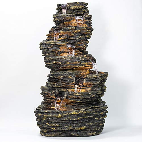Primrose 147cm Stone Effect 8 Tier Rock Cascade Garden Water Feature with Halogen Lights Self Contained Reservoir