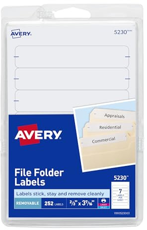 Avery File Folder Labels on 4 x 6 Sheets, Removable Adhesive, White, 2/3 x 3-7/16, 252 Labels (5230)