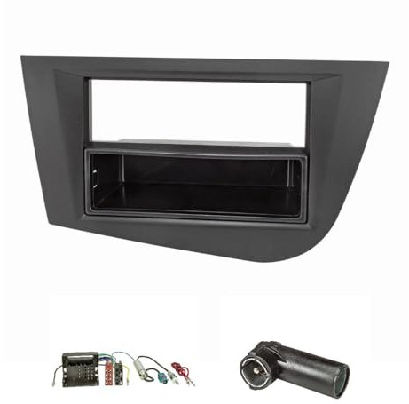 tomzz Audio 2449-013 Set copertura radio compatibile con Seat Leon 2 (1P) 2005-2012 nero con quadlock adattatore ISO Fakra antenna adattatore fantasma alimentazione DIN ISO
