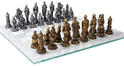 Pacific Trading Medieval Knight Chess Set with Glass Board New