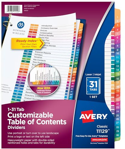 Avery 1-31 Registerkarten für 3 Ringbücher, anpassbares Inhaltsverzeichnis, mehrfarbige Registerkarten, 1 Set (11129)