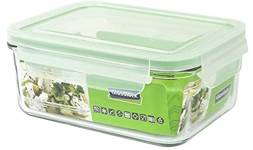 GLASSLOCK 1100ml luftdichte eckige Frischhaltedose aus gehärtetem Glas mit Clip-Deckel, geeignet für Mikrowelle Spülmaschine Tiefkühler BPA frei Lebensmittelbehälter Vorratsdose Meal Prep