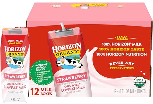 Horizon Organic Shelf Stable 1% Lowfat Strawberry Milk Boxes, 8 fl oz, 12 Count - 8g Protein per Serving, USDA Organic UHT from Pasture-Raised Cows, Ready to Drink for Lunchbox, Travel, or On-the-Go, No Refrigeration Needed