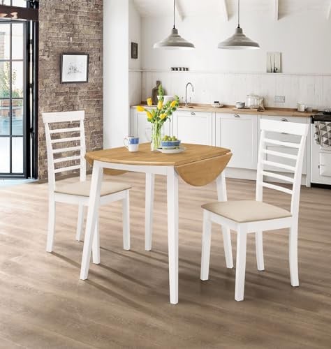 Hallowood Furniture Ledbury Small White Round Dining Table and Chairs Set 4 | 61-92cm Wooden Drop Leaf Table with White Frame and Dining Chairs in Cream Fabric Padded Seats, Space Saving Dinner Set for 2