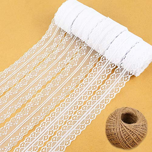 HOWAF 50M Cinta de Encaje Blanco y 65M Cordel de Regalo Twine para Coser Manualidades Bricolaje y Nupcial de Boda para Decoración