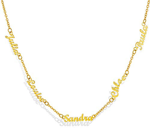 Custom4U Anpassbare 5 Namen Halskette mit Namegravur Edelstahl Namenskette Gold Damen Frauen Halskette mit Namen Anhänger in Carrie Stil Halsketten mit 46cm+5cm Kette für Mama Freundin Paare