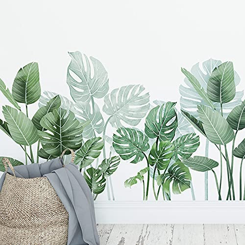 Green Palm Leaf Plants Wall Stickers, Nature Monstera Leaf Tropical Plant Wall Decals, ZONITOK Giant Leaves Wall Mural Decor for Living Room Bedroom Classroom Office Decoration